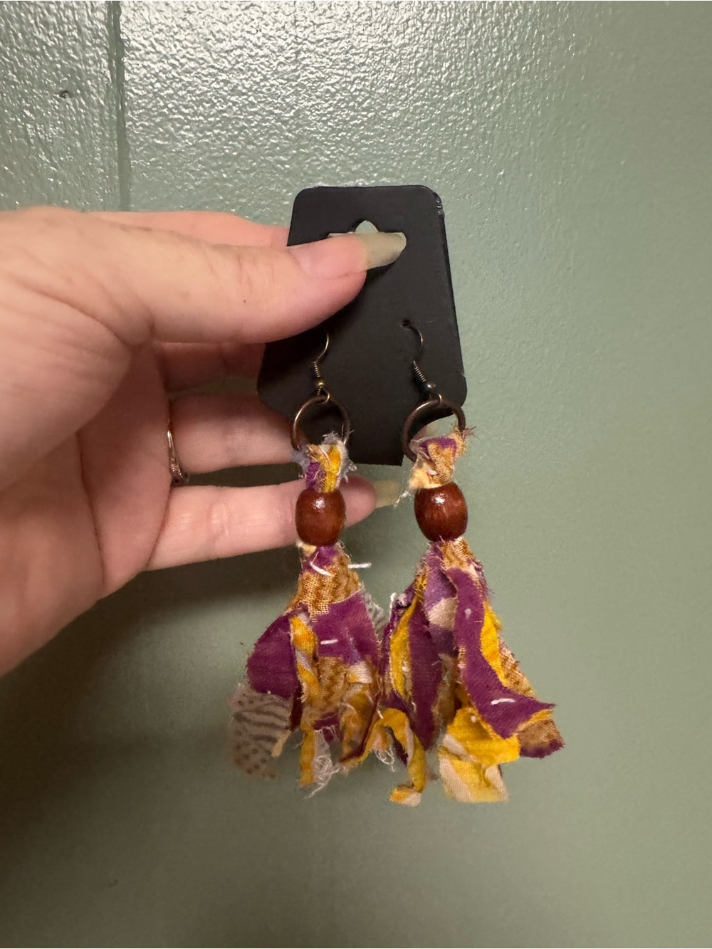 Tassel Drop Earrings with Wooden Bead in Purple & Yellow